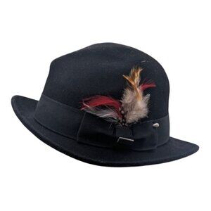Conner Handmade Wool Fedora Hat Large Black W/ Feather Accent & Ribbon Band